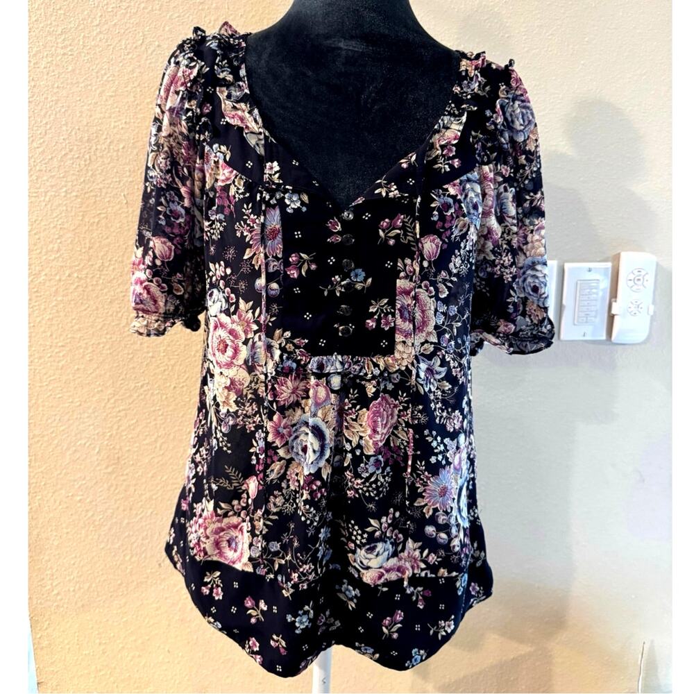 LOFT Floral Mixed Print Semi-Sheer Puff Sleeve Blouse Black Purple XS